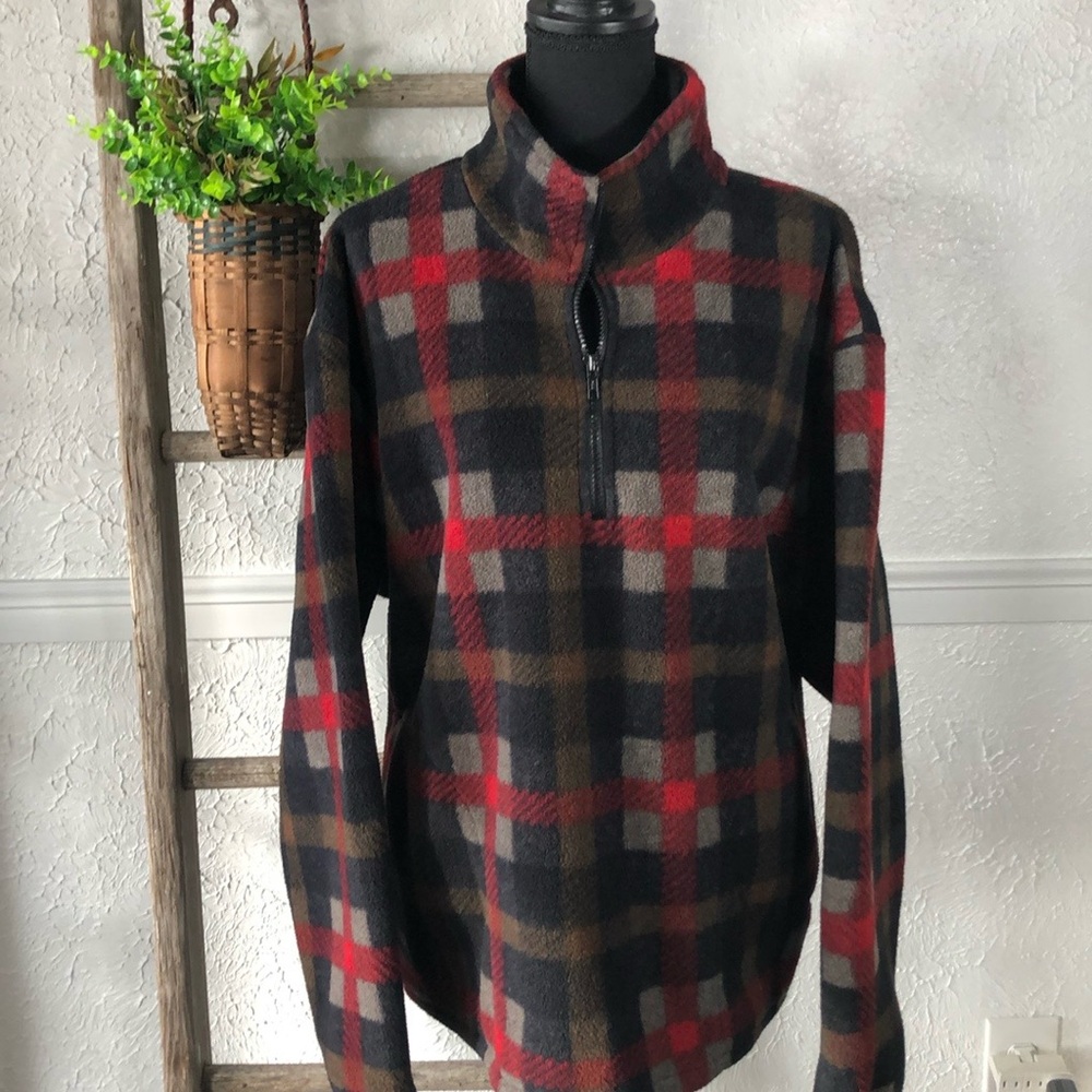 J Crew Plaid Polar Fleece Quarter Zip Over Jacket Red Black Unisex Fleece - Picture 4 of 16